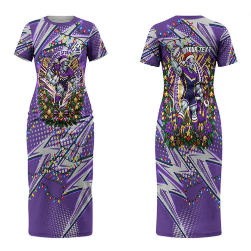 Personalized Melbourne Storm Rugby Christmas Couples Matching Short Sleeve Bodycon Dress and Long Sleeve Button Shirt Holiday Mascot Graphic Art Festive Lights Bow
