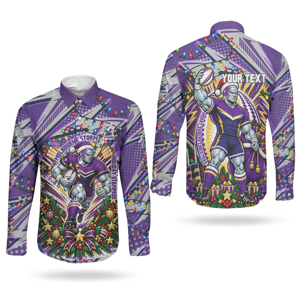 Personalized Melbourne Storm Rugby Christmas Couples Matching Summer Maxi Dress and Long Sleeve Button Shirt Holiday Mascot Graphic Art Festive Lights Bow