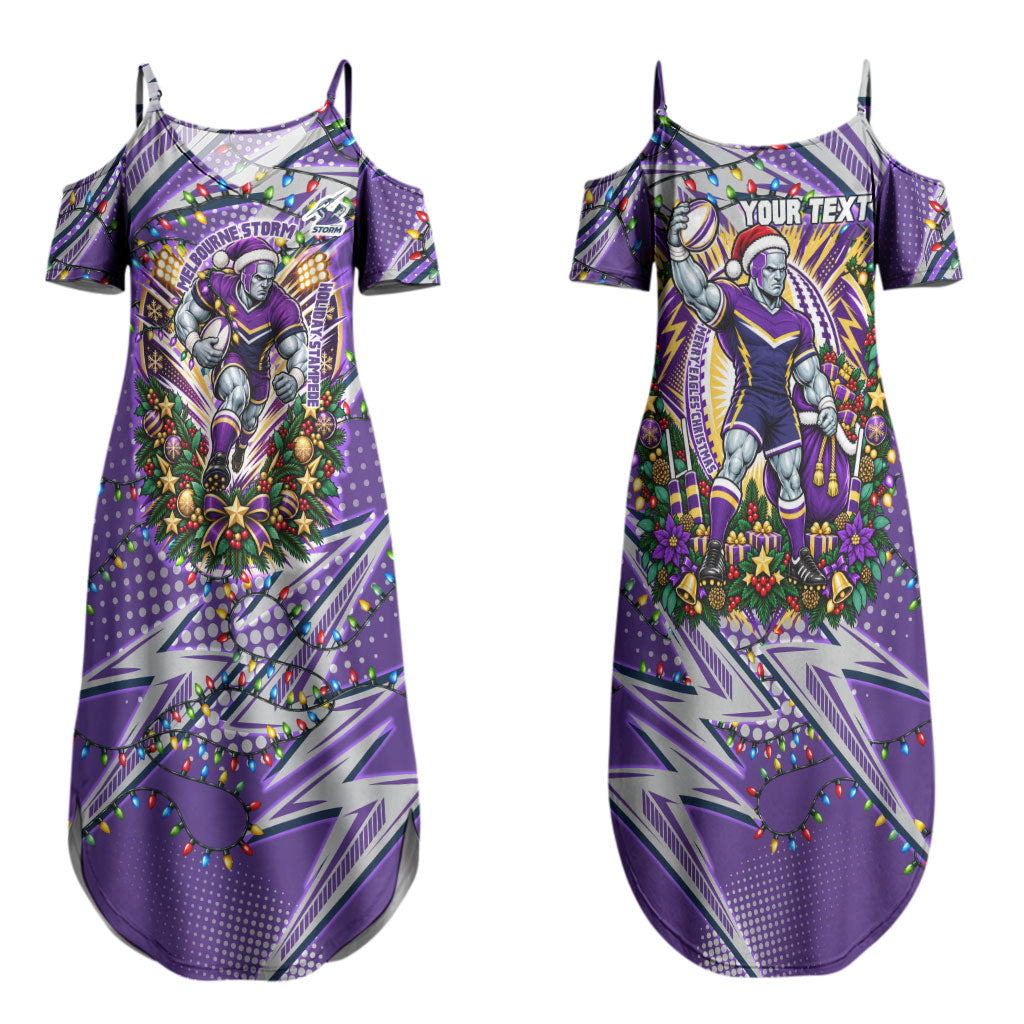Personalized Melbourne Storm Rugby Christmas Couples Matching Summer Maxi Dress and Long Sleeve Button Shirt Holiday Mascot Graphic Art Festive Lights Bow