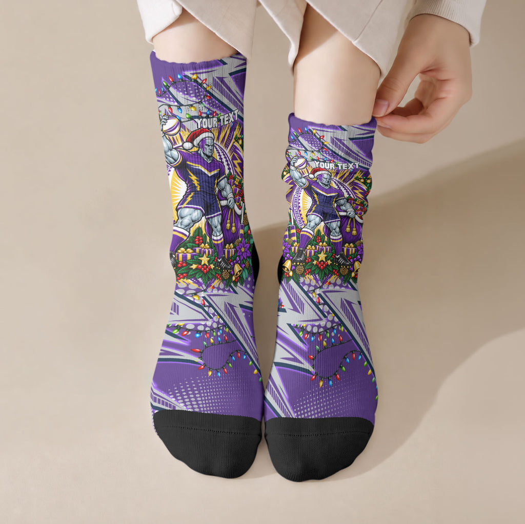 Personalized Melbourne Storm Rugby Christmas Crew Socks Holiday Mascot Graphic Art Festive Lights Bow
