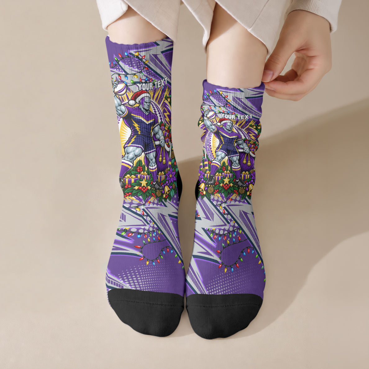 Personalized Melbourne Storm Rugby Christmas Crew Socks Holiday Mascot Graphic Art Festive Lights Bow
