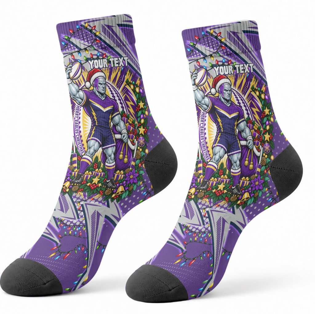 Personalized Melbourne Storm Rugby Christmas Crew Socks Holiday Mascot Graphic Art Festive Lights Bow