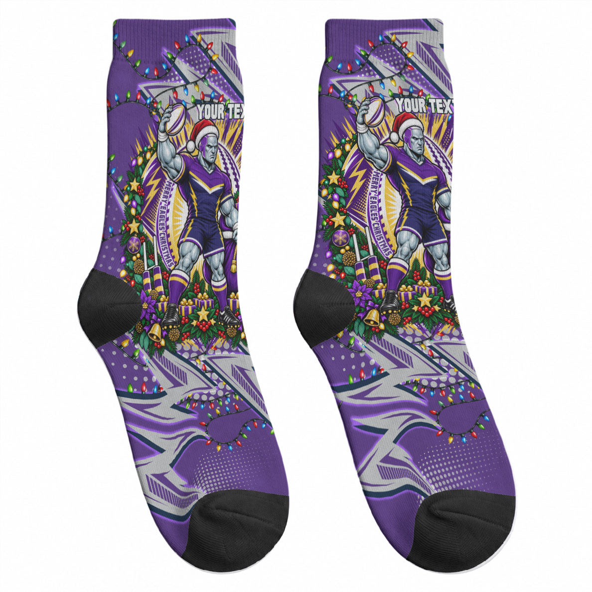 Personalized Melbourne Storm Rugby Christmas Crew Socks Holiday Mascot Graphic Art Festive Lights Bow