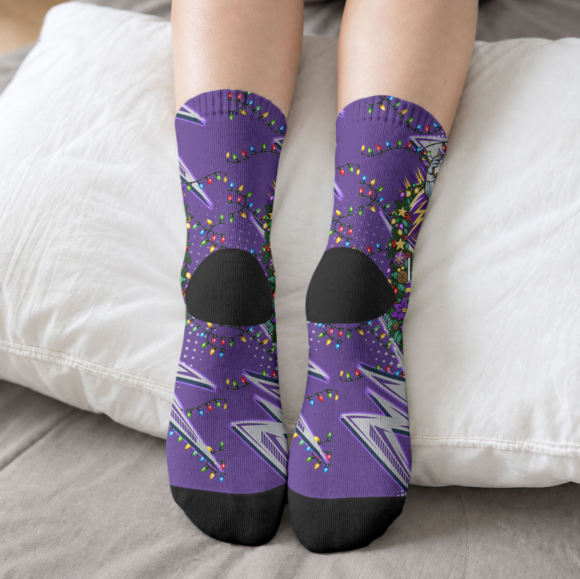 Personalized Melbourne Storm Rugby Christmas Crew Socks Holiday Mascot Graphic Art Festive Lights Bow