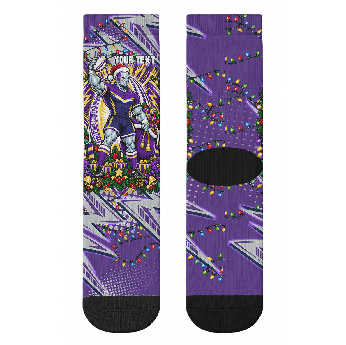 Personalized Melbourne Storm Rugby Christmas Crew Socks Holiday Mascot Graphic Art Festive Lights Bow