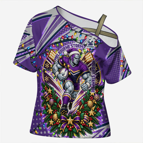 Personalized Melbourne Storm Rugby Christmas Cross Shoulder Shirt Holiday Mascot Graphic Art Festive Lights Bow