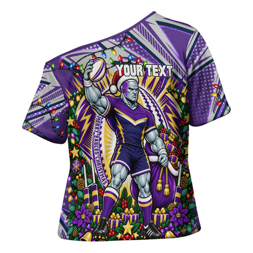 Personalized Melbourne Storm Rugby Christmas Cross Shoulder Shirt Holiday Mascot Graphic Art Festive Lights Bow