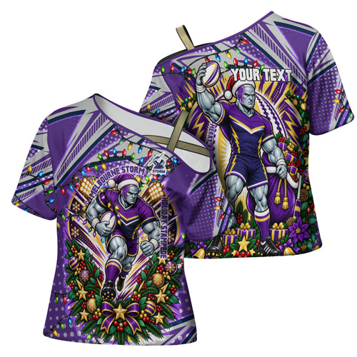 Personalized Melbourne Storm Rugby Christmas Cross Shoulder Shirt Holiday Mascot Graphic Art Festive Lights Bow