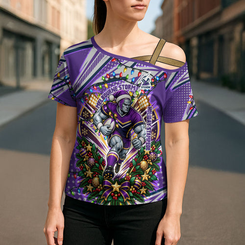 Personalized Melbourne Storm Rugby Christmas Cross Shoulder Shirt Holiday Mascot Graphic Art Festive Lights Bow