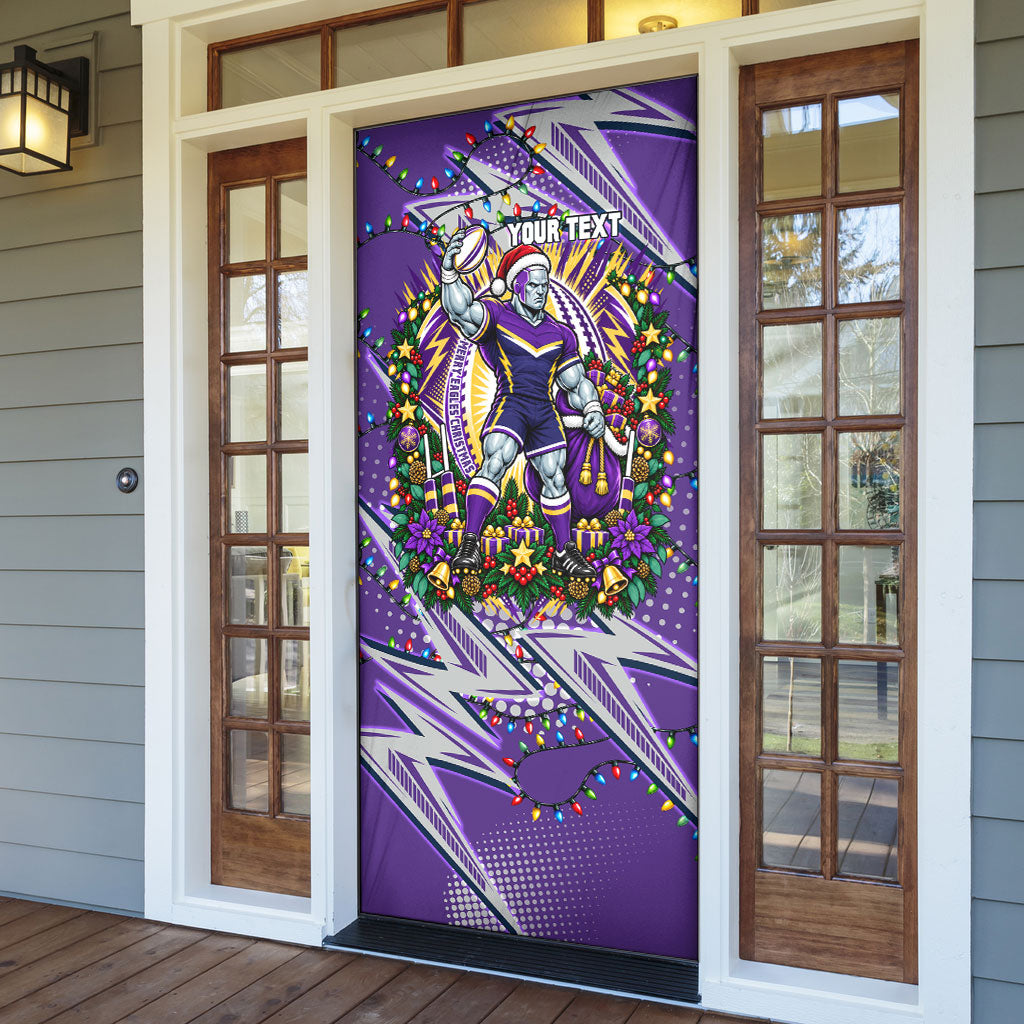 Personalized Melbourne Storm Rugby Christmas Door Cover Holiday Mascot Graphic Art Festive Lights Bow