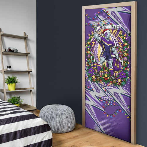 Personalized Melbourne Storm Rugby Christmas Door Cover Holiday Mascot Graphic Art Festive Lights Bow