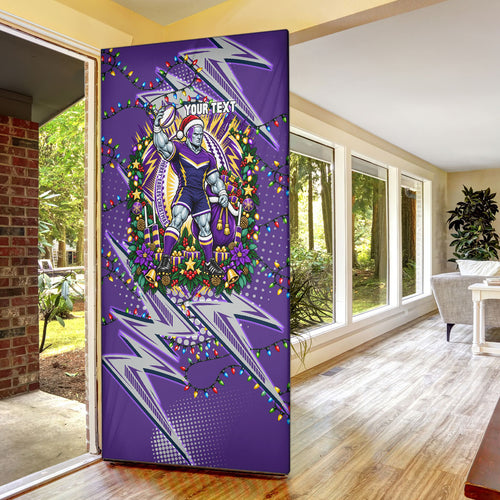 Personalized Melbourne Storm Rugby Christmas Door Cover Holiday Mascot Graphic Art Festive Lights Bow