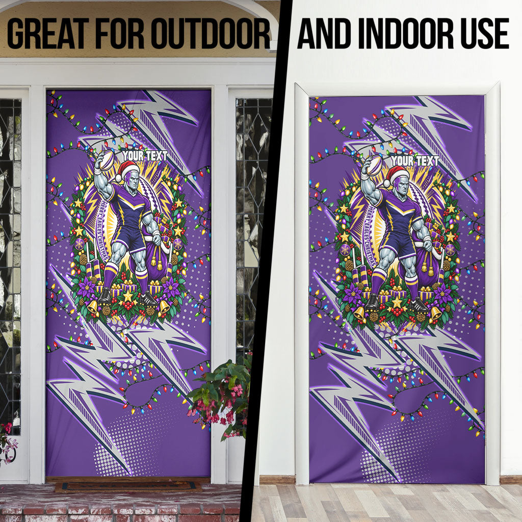 Personalized Melbourne Storm Rugby Christmas Door Cover Holiday Mascot Graphic Art Festive Lights Bow
