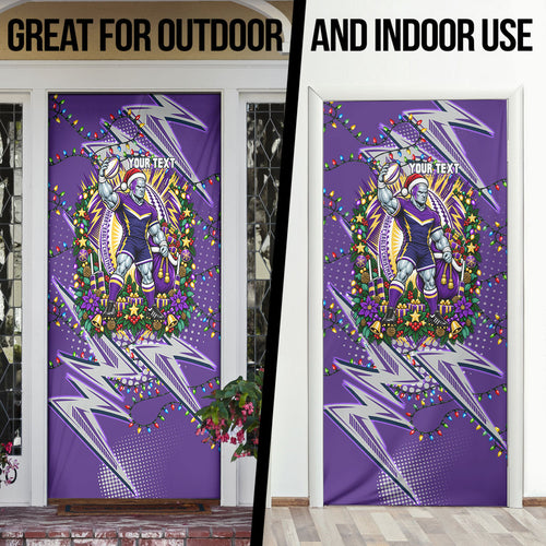 Personalized Melbourne Storm Rugby Christmas Door Cover Holiday Mascot Graphic Art Festive Lights Bow