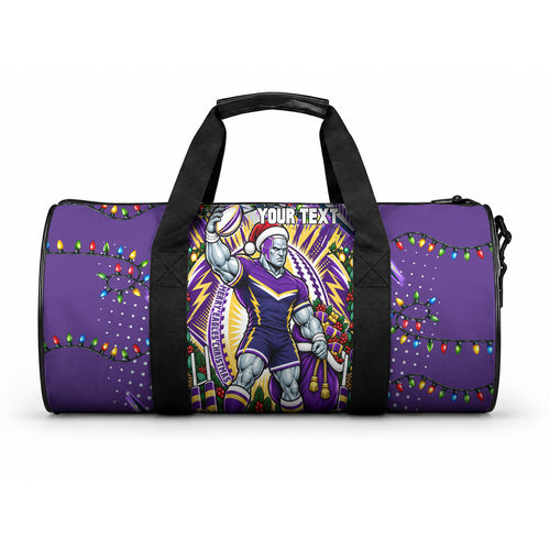 Personalized Melbourne Storm Rugby Christmas Duffle Bag Holiday Mascot Graphic Art Festive Lights Bow
