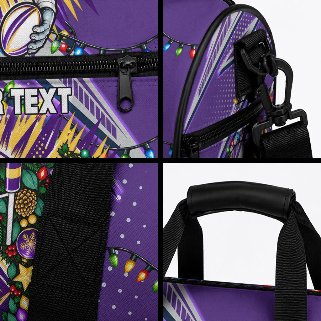 Personalized Melbourne Storm Rugby Christmas Duffle Bag Holiday Mascot Graphic Art Festive Lights Bow
