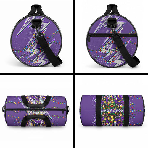 Personalized Melbourne Storm Rugby Christmas Duffle Bag Holiday Mascot Graphic Art Festive Lights Bow