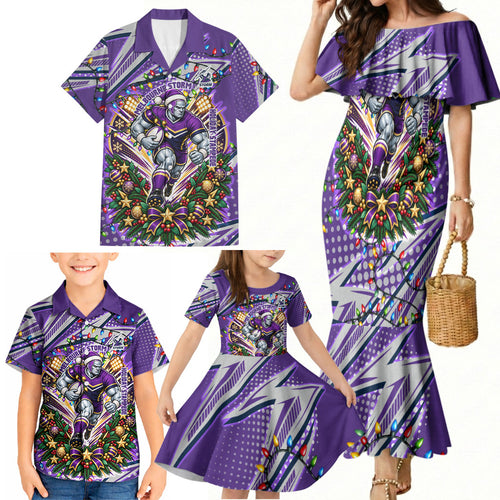 Personalized Melbourne Storm Rugby Christmas Family Matching Mermaid Dress and Hawaiian Shirt Holiday Mascot Graphic Art Festive Lights Bow