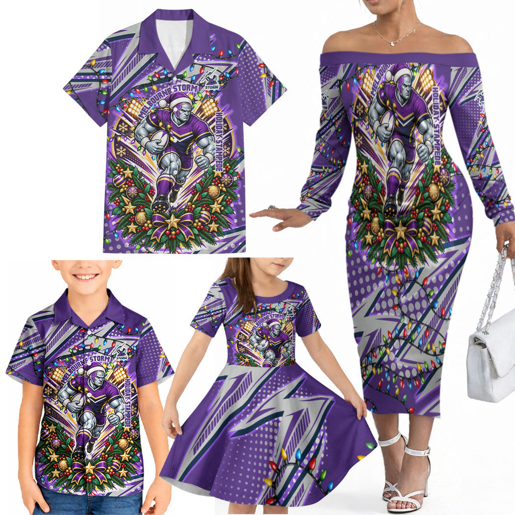 Personalized Melbourne Storm Rugby Christmas Family Matching Off The Shoulder Long Sleeve Dress and Hawaiian Shirt Holiday Mascot Graphic Art Festive Lights Bow