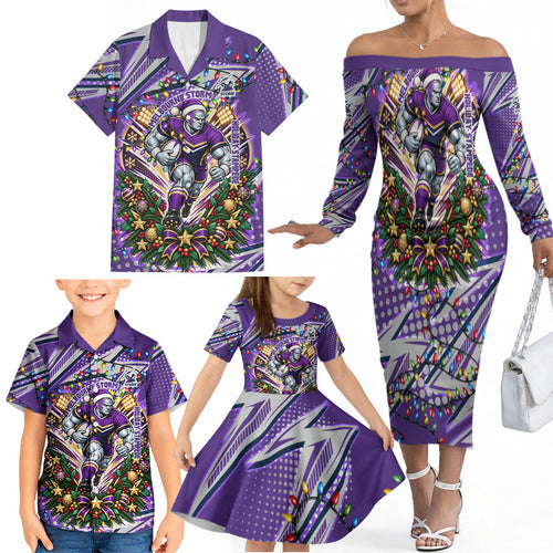 Personalized Melbourne Storm Rugby Christmas Family Matching Off The Shoulder Long Sleeve Dress and Hawaiian Shirt Holiday Mascot Graphic Art Festive Lights Bow