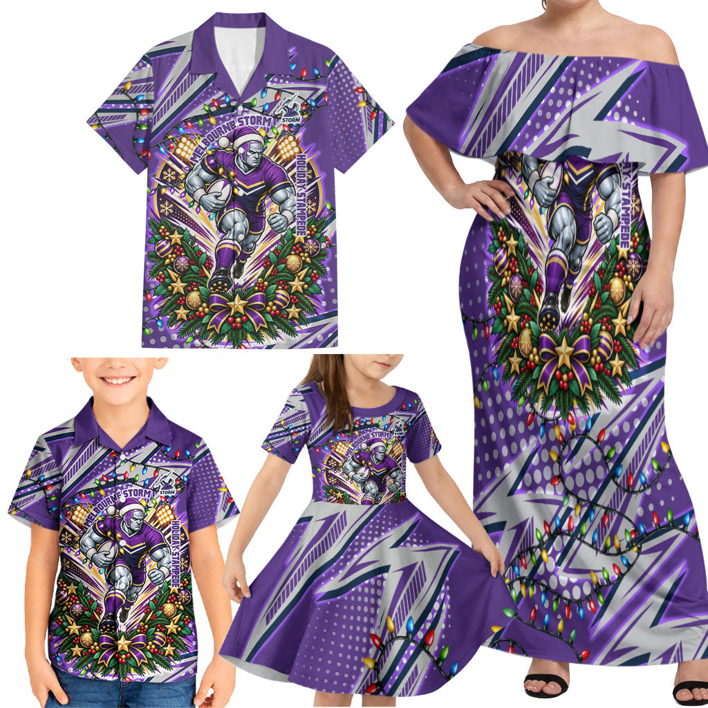 Personalized Melbourne Storm Rugby Christmas Family Matching Off Shoulder Maxi Dress and Hawaiian Shirt Holiday Mascot Graphic Art Festive Lights Bow