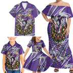 Personalized Melbourne Storm Rugby Christmas Family Matching Off Shoulder Maxi Dress and Hawaiian Shirt Holiday Mascot Graphic Art Festive Lights Bow