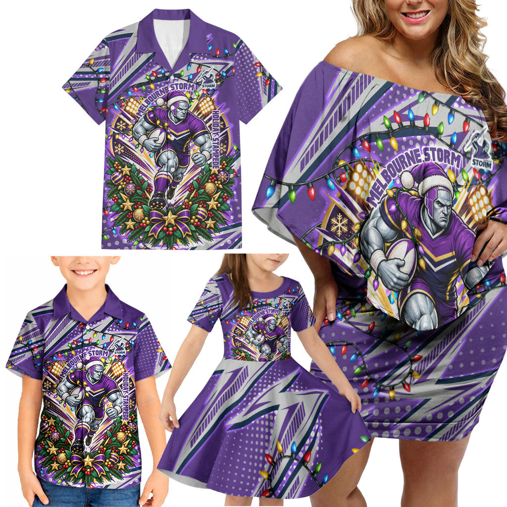 Personalized Melbourne Storm Rugby Christmas Family Matching Off Shoulder Short Dress and Hawaiian Shirt Holiday Mascot Graphic Art Festive Lights Bow