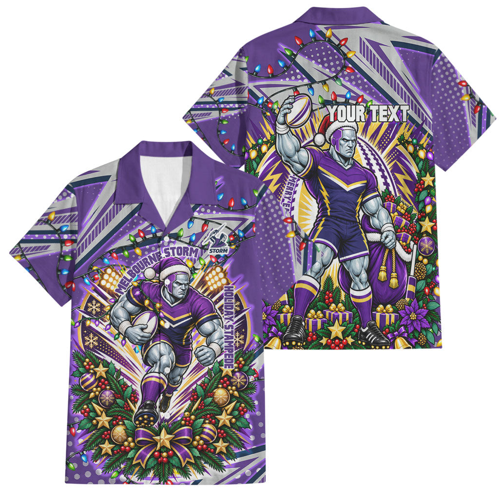 Personalized Melbourne Storm Rugby Christmas Family Matching Off Shoulder Short Dress and Hawaiian Shirt Holiday Mascot Graphic Art Festive Lights Bow