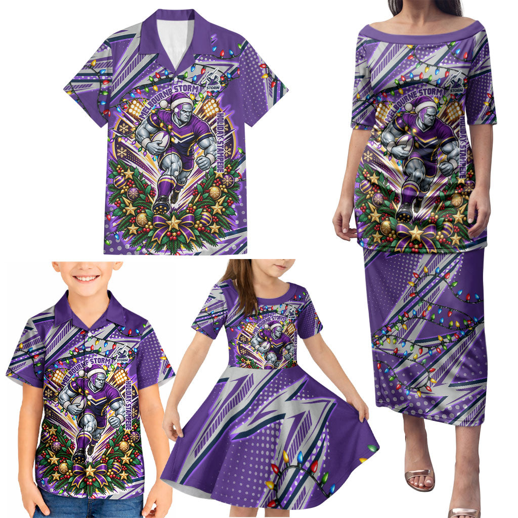 Personalized Melbourne Storm Rugby Christmas Family Matching Puletasi and Hawaiian Shirt Holiday Mascot Graphic Art Festive Lights Bow