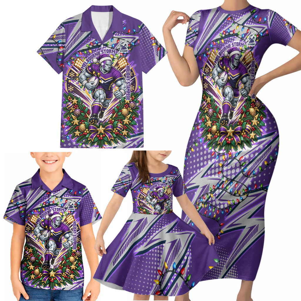 Personalized Melbourne Storm Rugby Christmas Family Matching Short Sleeve Bodycon Dress and Hawaiian Shirt Holiday Mascot Graphic Art Festive Lights Bow