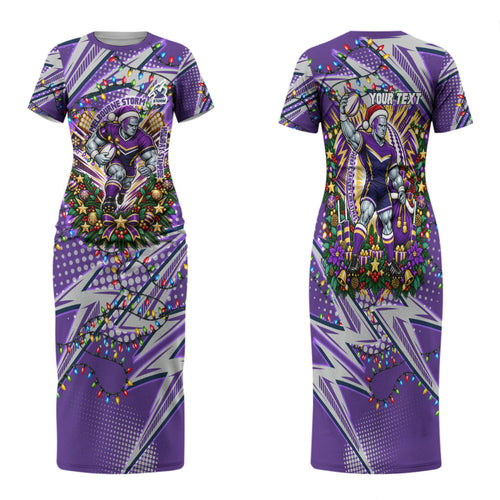 Personalized Melbourne Storm Rugby Christmas Family Matching Short Sleeve Bodycon Dress and Hawaiian Shirt Holiday Mascot Graphic Art Festive Lights Bow