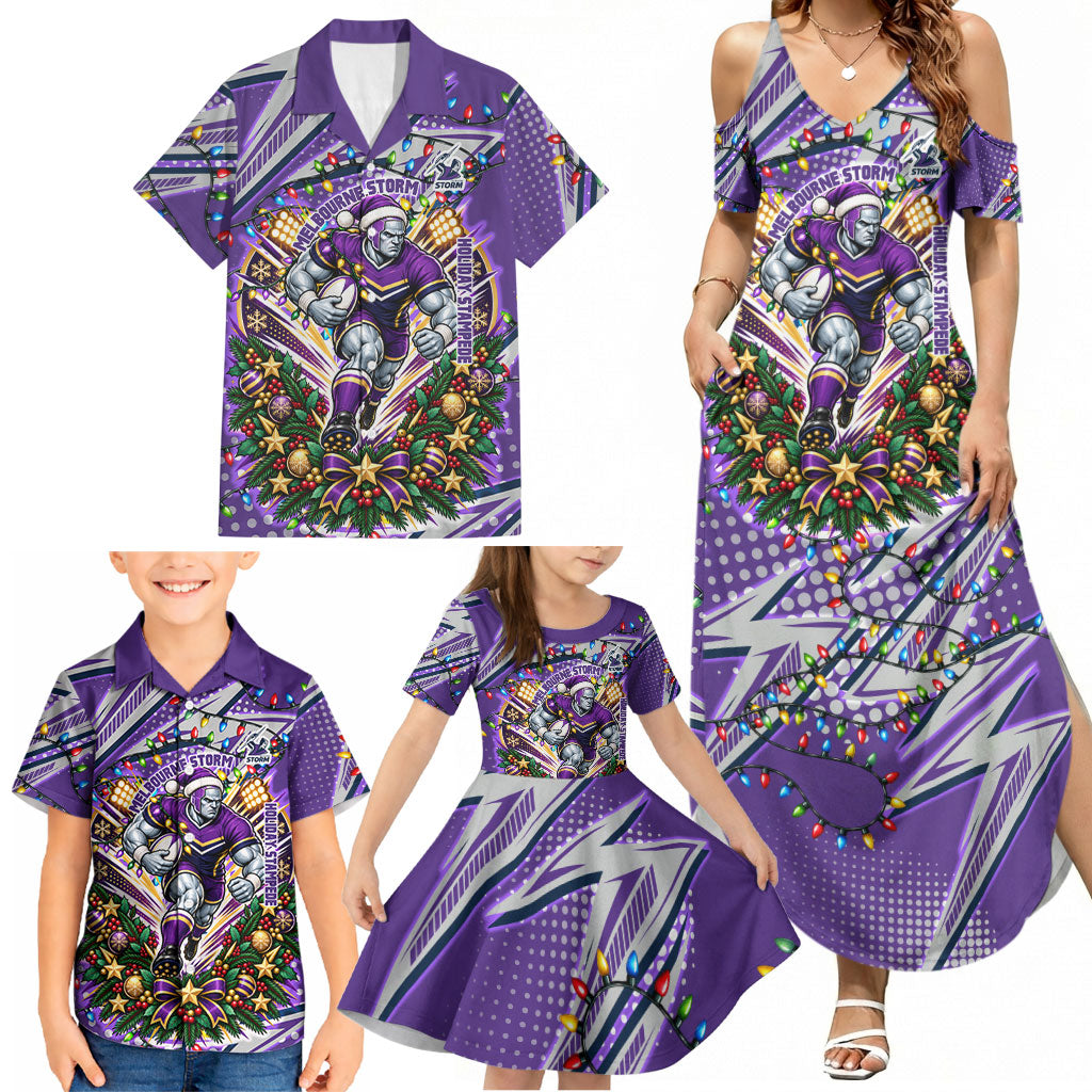 Personalized Melbourne Storm Rugby Christmas Family Matching Summer Maxi Dress and Hawaiian Shirt Holiday Mascot Graphic Art Festive Lights Bow