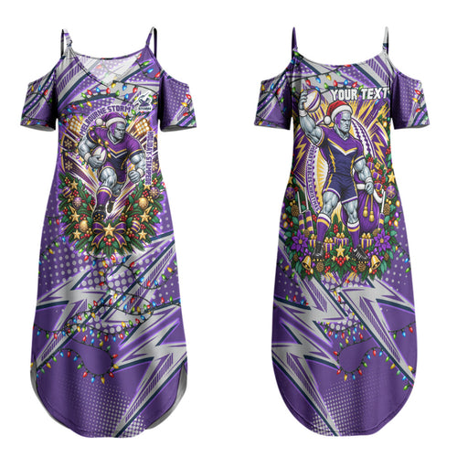 Personalized Melbourne Storm Rugby Christmas Family Matching Summer Maxi Dress and Hawaiian Shirt Holiday Mascot Graphic Art Festive Lights Bow