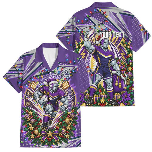 Personalized Melbourne Storm Rugby Christmas Family Matching Summer Maxi Dress and Hawaiian Shirt Holiday Mascot Graphic Art Festive Lights Bow