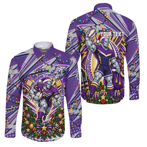 Personalized Melbourne Storm Rugby Christmas Family Matching Summer Maxi Dress and Hawaiian Shirt Holiday Mascot Graphic Art Festive Lights Bow
