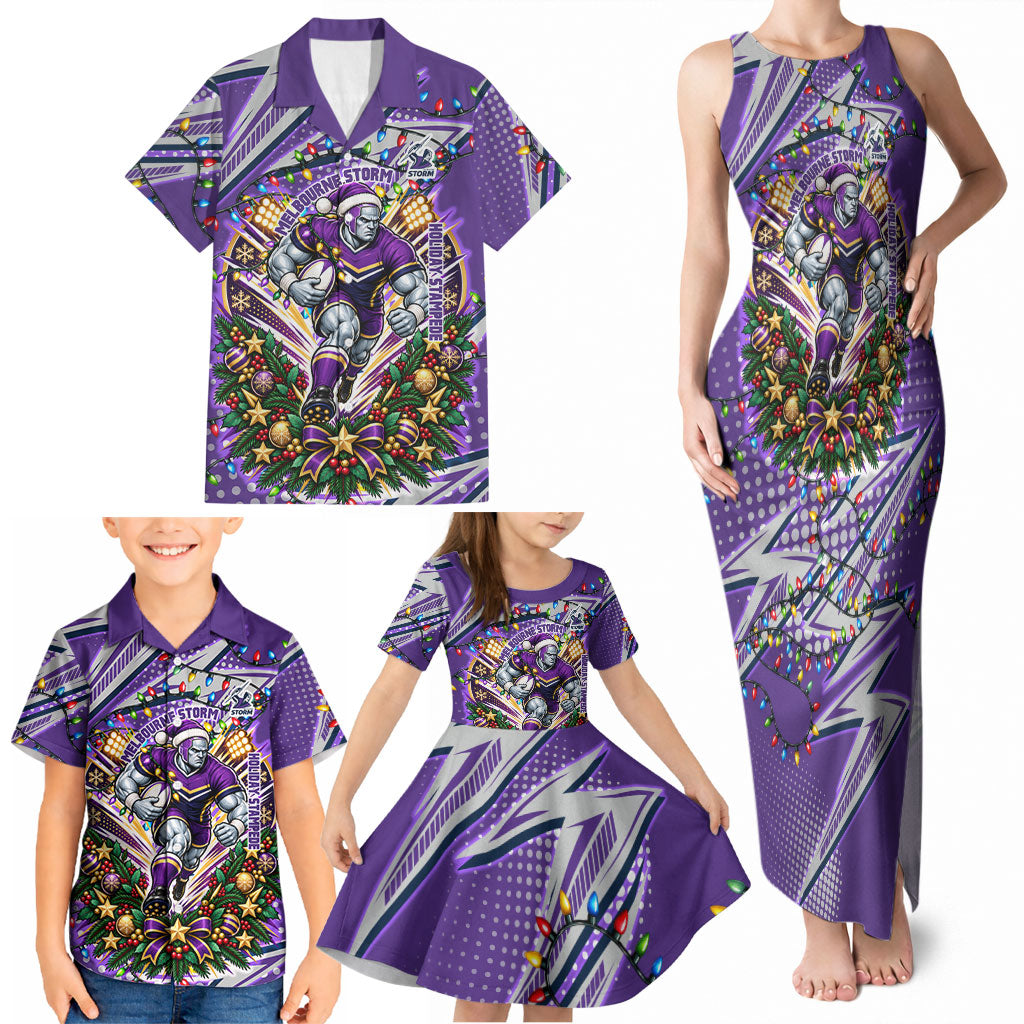 Personalized Melbourne Storm Rugby Christmas Family Matching Tank Maxi Dress and Hawaiian Shirt Holiday Mascot Graphic Art Festive Lights Bow