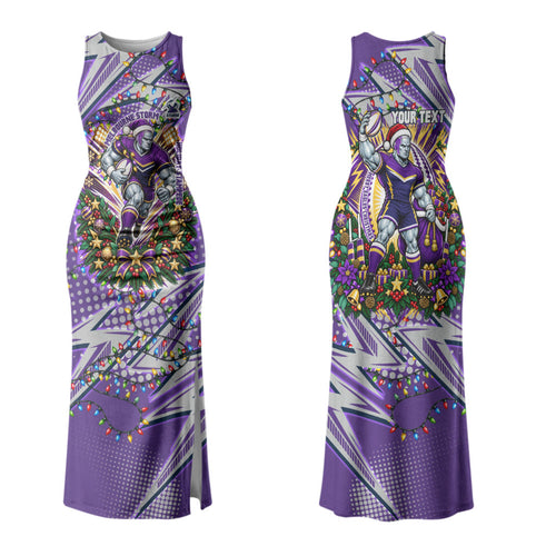 Personalized Melbourne Storm Rugby Christmas Family Matching Tank Maxi Dress and Hawaiian Shirt Holiday Mascot Graphic Art Festive Lights Bow