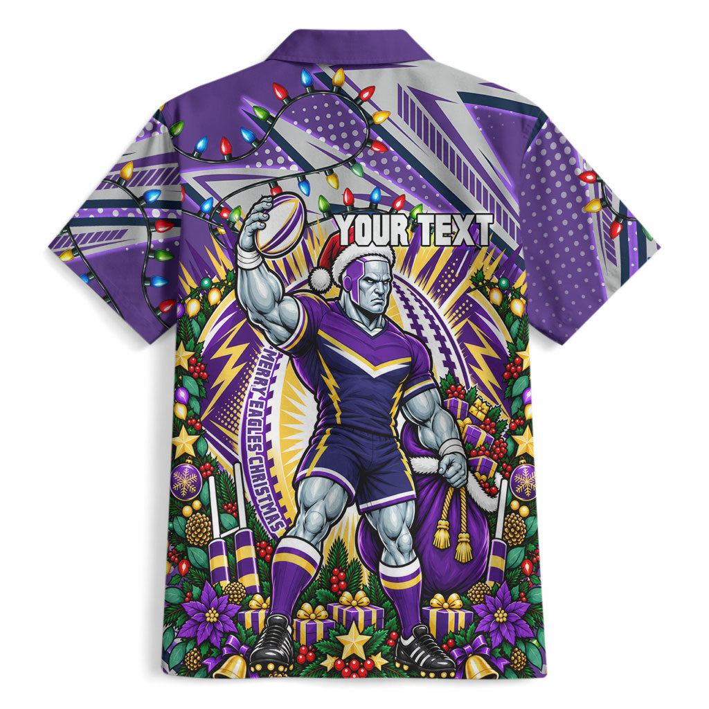 Personalized Melbourne Storm Rugby Christmas Hawaiian Shirt Holiday Mascot Graphic Art Festive Lights Bow