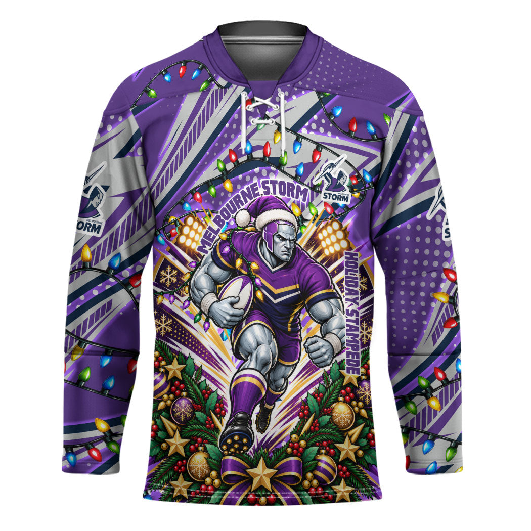 Personalized Melbourne Storm Rugby Christmas Hockey Jersey Holiday Mascot Graphic Art Festive Lights Bow