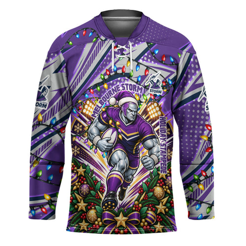 Personalized Melbourne Storm Rugby Christmas Hockey Jersey Holiday Mascot Graphic Art Festive Lights Bow