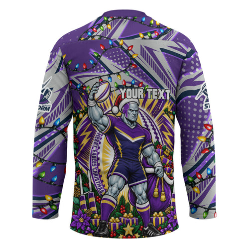 Personalized Melbourne Storm Rugby Christmas Hockey Jersey Holiday Mascot Graphic Art Festive Lights Bow
