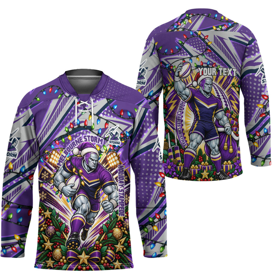 Personalized Melbourne Storm Rugby Christmas Hockey Jersey Holiday Mascot Graphic Art Festive Lights Bow