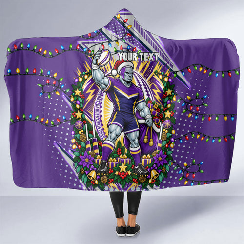 Personalized Melbourne Storm Rugby Christmas Hooded Blanket Holiday Mascot Graphic Art Festive Lights Bow