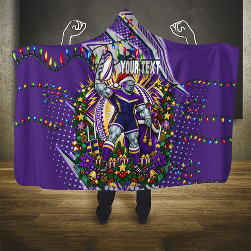 Personalized Melbourne Storm Rugby Christmas Hooded Blanket Holiday Mascot Graphic Art Festive Lights Bow
