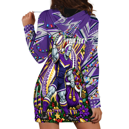 Personalized Melbourne Storm Rugby Christmas Hoodie Dress Holiday Mascot Graphic Art Festive Lights Bow