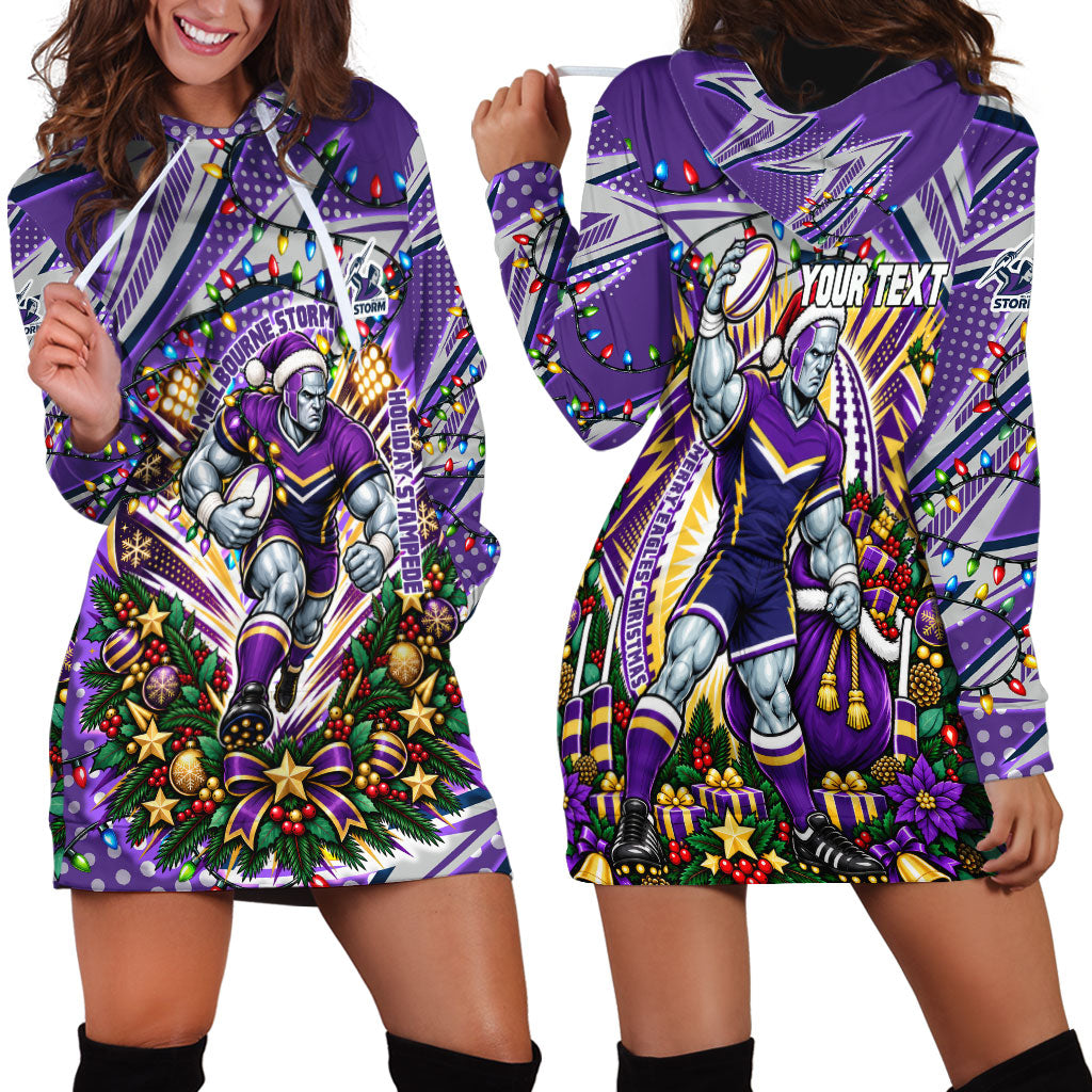 Personalized Melbourne Storm Rugby Christmas Hoodie Dress Holiday Mascot Graphic Art Festive Lights Bow