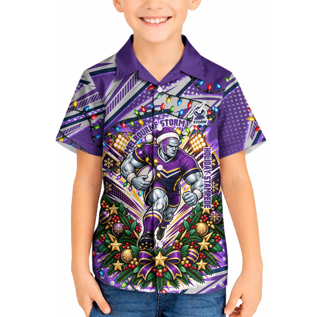 Personalized Melbourne Storm Rugby Christmas Kid Hawaiian Shirt Holiday Mascot Graphic Art Festive Lights Bow