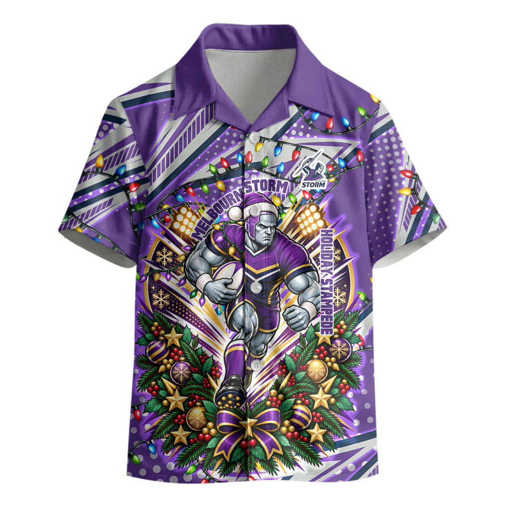 Personalized Melbourne Storm Rugby Christmas Kid Hawaiian Shirt Holiday Mascot Graphic Art Festive Lights Bow