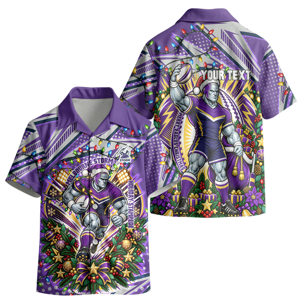 Personalized Melbourne Storm Rugby Christmas Kid Hawaiian Shirt Holiday Mascot Graphic Art Festive Lights Bow