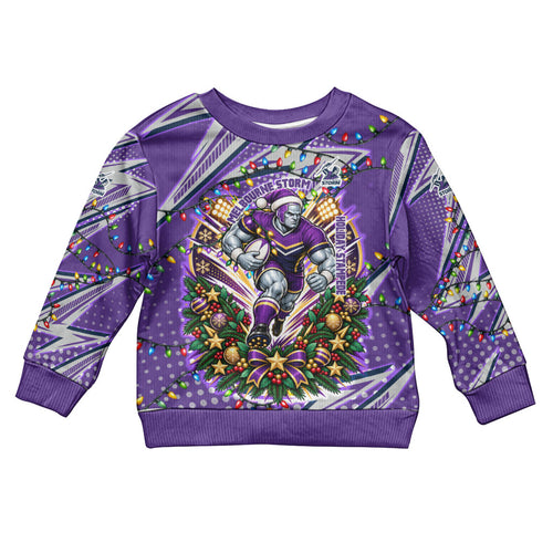 Personalized Melbourne Storm Rugby Christmas Kid Ugly Christmas Sweater Holiday Mascot Graphic Art Festive Lights Bow